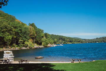 lifeguard stand at a lake