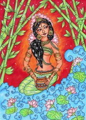 Fototapeta na wymiar Indian traditional painting of woman in nature, Kerala mural style with beautiful ornamental background.