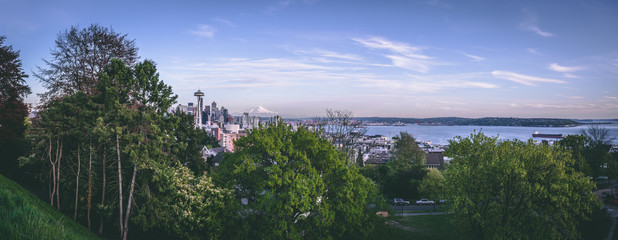 Seattle Washington skyline with space needle and Mt. Rainier 
