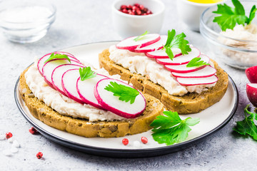 white bean hummus radish sandwiches on concrete background. Selective focus, space for text.