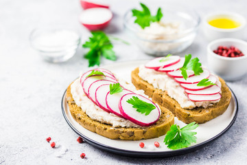 white bean hummus radish sandwiches on concrete background. Selective focus, space for text.