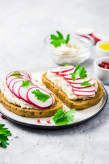 white bean hummus radish sandwiches on concrete background. Selective focus, space for text.
