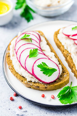 white bean hummus radish sandwiches on concrete background. Selective focus, space for text.
