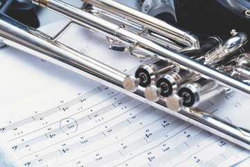 Obraz premium Wind instrument trumpet and notes