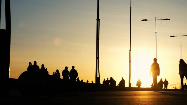 Silhouettes of young girls on roller skates in a park at sunset