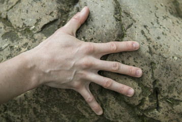 A female Caucasian hand is shown stretched on a rock