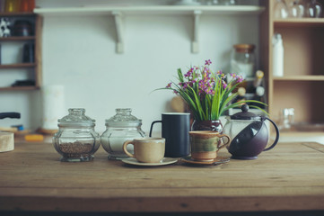 Fototapeta na wymiar Coffee Set on Wood Table Copyspace for text Kitchen on the background