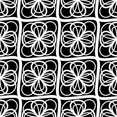 Fototapeta premium Vector. Abstract white flowers on a black tiles. Seamless pattern vector illustration.
