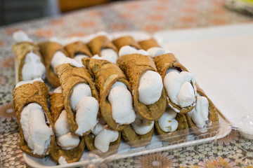 close-up of typical Italian dessert of Sicily sicilian cannoli