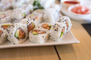 closeup of chinese food sushi stuffed with vegetables and salmon 2