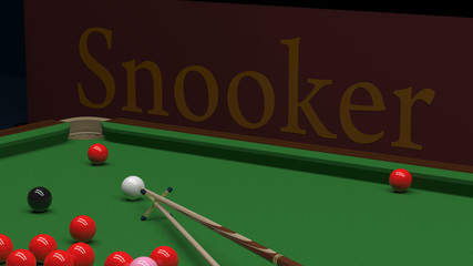 Snooker balls on green billiard table and cue  game position on reds 3d illustration
