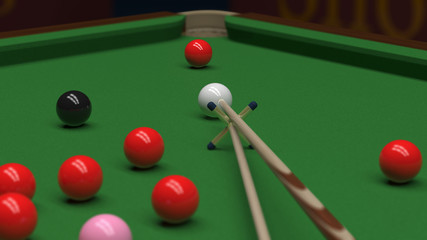 Snooker balls on green billiard table and cue with rest and pocket 3d illustration
