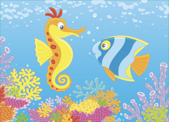 Exotic seahorse and a butterflyfish swimming among colorful corals on a reef in a tropical sea, vector illustration in a cartoon style