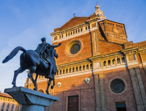 Close-up of Regisole equestrian monument in front of the Cathedral of Pavia, Lombardy, Italy
