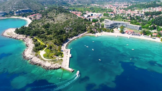 Dubrovnik region waterfront in Mlini and Srebreno aerial view, coastline of Dalmatia region, Croatia