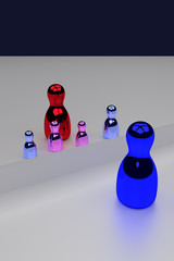 3D-Rendering von einer kleinen Familie aus glänzenden Figuren, die auf einer weißen, glänzenden Oberfläche stehen