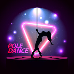 Pole Dance. Silhouette of a girl. Neon triangle. A directional beam of light from the searchlight is shining. Erotic dancing. Vector illustration