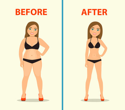 Pretty girl before and after diet. Vector flat style illustration