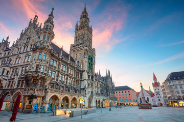Munich. Cityscape image of Marien Square in Munich, Germany during twilight blue hour. - obrazy, fototapety, plakaty