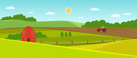 Summer landscape with farmhouse and tractor on the field. Vector flat style illustration