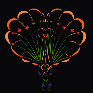 Loving man on a parachute, heart and flowers