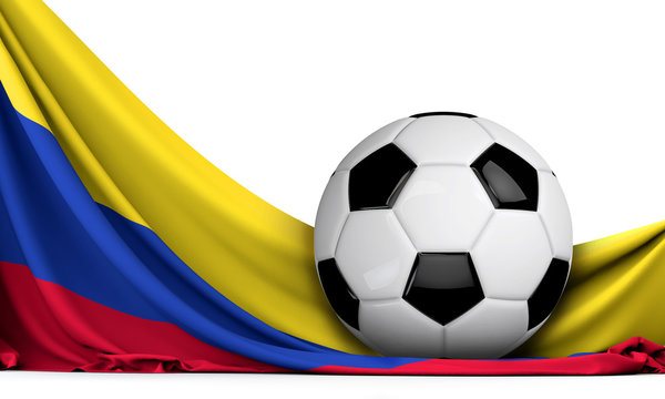 Soccer ball on the flag of Colombia. Football background. 3D Rendering