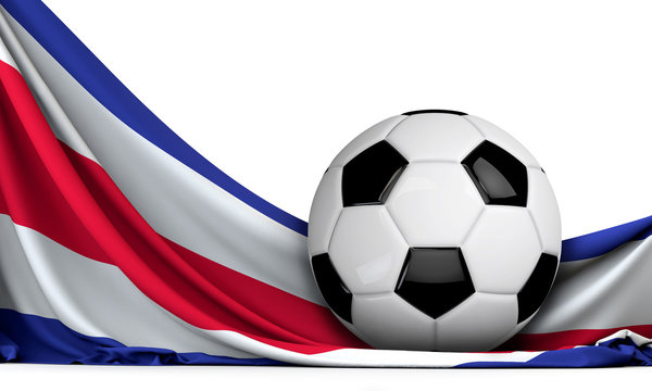 Soccer ball on the flag of Costa Rica. Football background. 3D Rendering