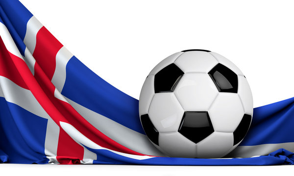 Soccer ball on the flag of Iceland. Football background. 3D Rendering