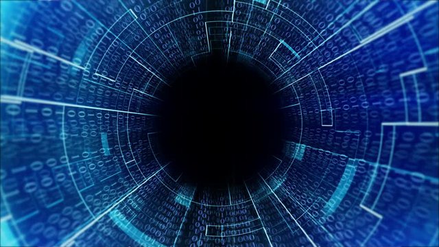  loopable Abstract background with flying into digital tunnel from flickering particles, digits 0 and 1 as binary code and plexus of network. Animation of seamless loop. 3D rendering