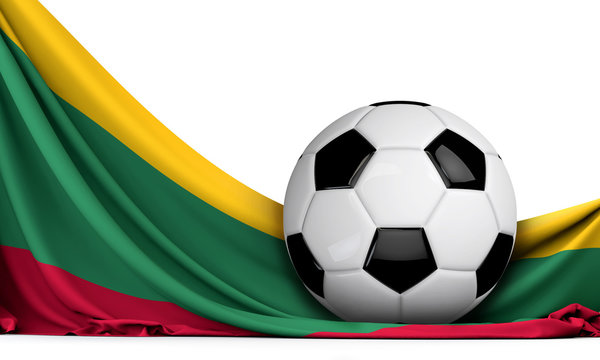 Soccer ball on the flag of Lithuania. Football background. 3D Rendering
