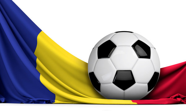 Soccer ball on the flag of romania. Football background. 3D Rendering