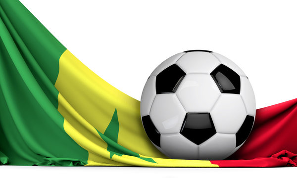 Soccer ball on the flag of Senegal. Football background. 3D Rendering