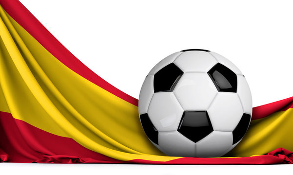 Soccer ball on the flag of Spain. Football background. 3D Rendering