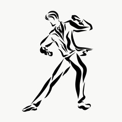 A man in aristocratic clothes dances alone