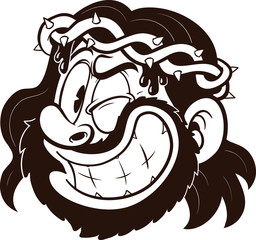 Retro cartoon winking Jesus with a thorn crown. Vector clip art illustration. All in a single layer.