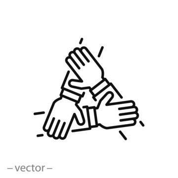 three hands support each other, concept of teamwork, icon vector