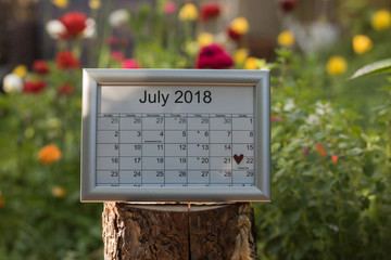 Calendar of the month July 2018 with lunar days & holidays is in a summer garden among blossom flowers. Parents' day is marked with a red heart.