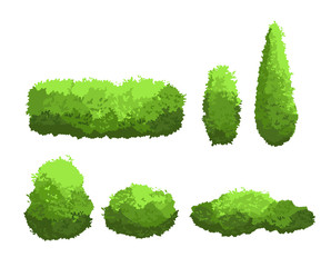 Vector illustration set of garden green bushes and decorative trees different shapes. Shrub and bush collection in cartoon style isolated on white background.