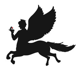A winged prince with a horse's body, with a box and an engagement ring in his hand