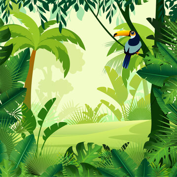 Vector illustration of beautiful background morning jungle. Bright jungle with ferns and flowers. For design game, websites and mobile phones, printing.