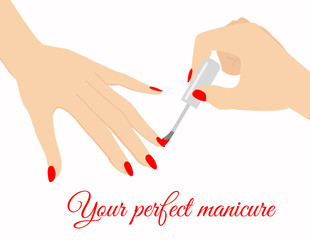 Vector illustration of elegant woman hand doing manicure, nail polish red color on the white background with place for text in flat style.