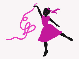 Beautiful girl dances in a pink dress with ribbon creating a heart shape