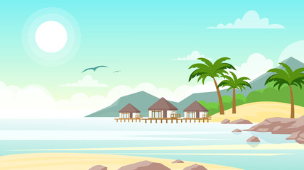 Vector illustration of sea beach with hotel. Beautiful small villas on the ocean seaside. Summer landscape, vacation concept in flat style.