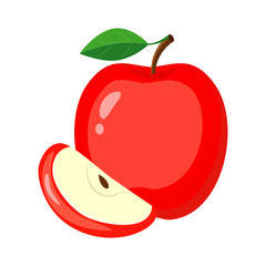 Red  Apples  with Green Leaves and Apple Slice. Vector illustrat