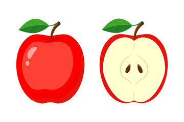 Whole red apple and half apple slice vector illustration isolate