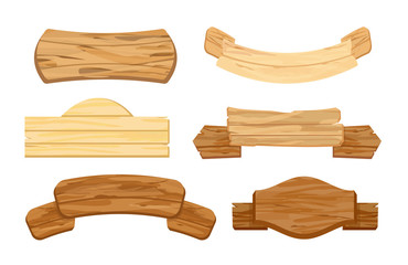 Vector illustration set of wooden planks or signboards. Retro vintage banners. Signs or pointers, signpost at desert with wooden texture in different colors and shapes in flat style, isolated on white