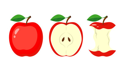 Whole red apple, half apple slice, bitten apple. vector illustra