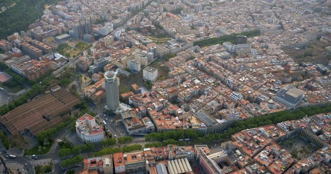 Barcelona Old Town aerial view and famous La Rambla pedestrian boardwalk, Spain