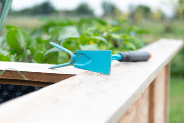 Gartenarbeit, Hochbeet, Gemüsebeet mit Werkzeug, Garten
