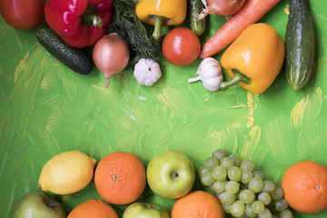 Different Vegetables and Fruits harvested from organic farm top view. Healthy eating, Vegetarian food, Nutrition concept.